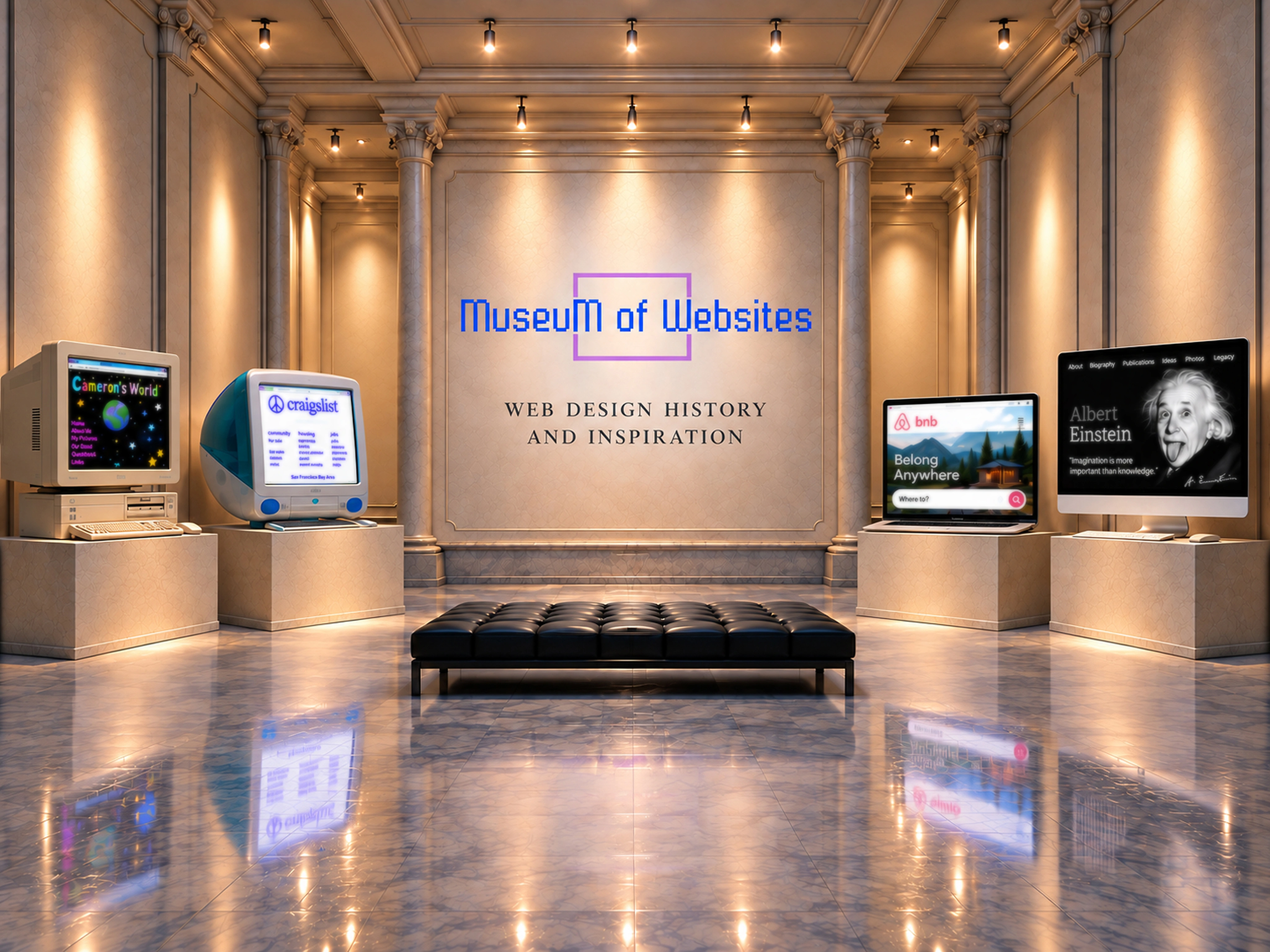 A museum gallery with vintage and modern computers displaying historic and modern website designs, with the Museum of Websites logo and the words โWeb design history and inspirationโ on the central wall.