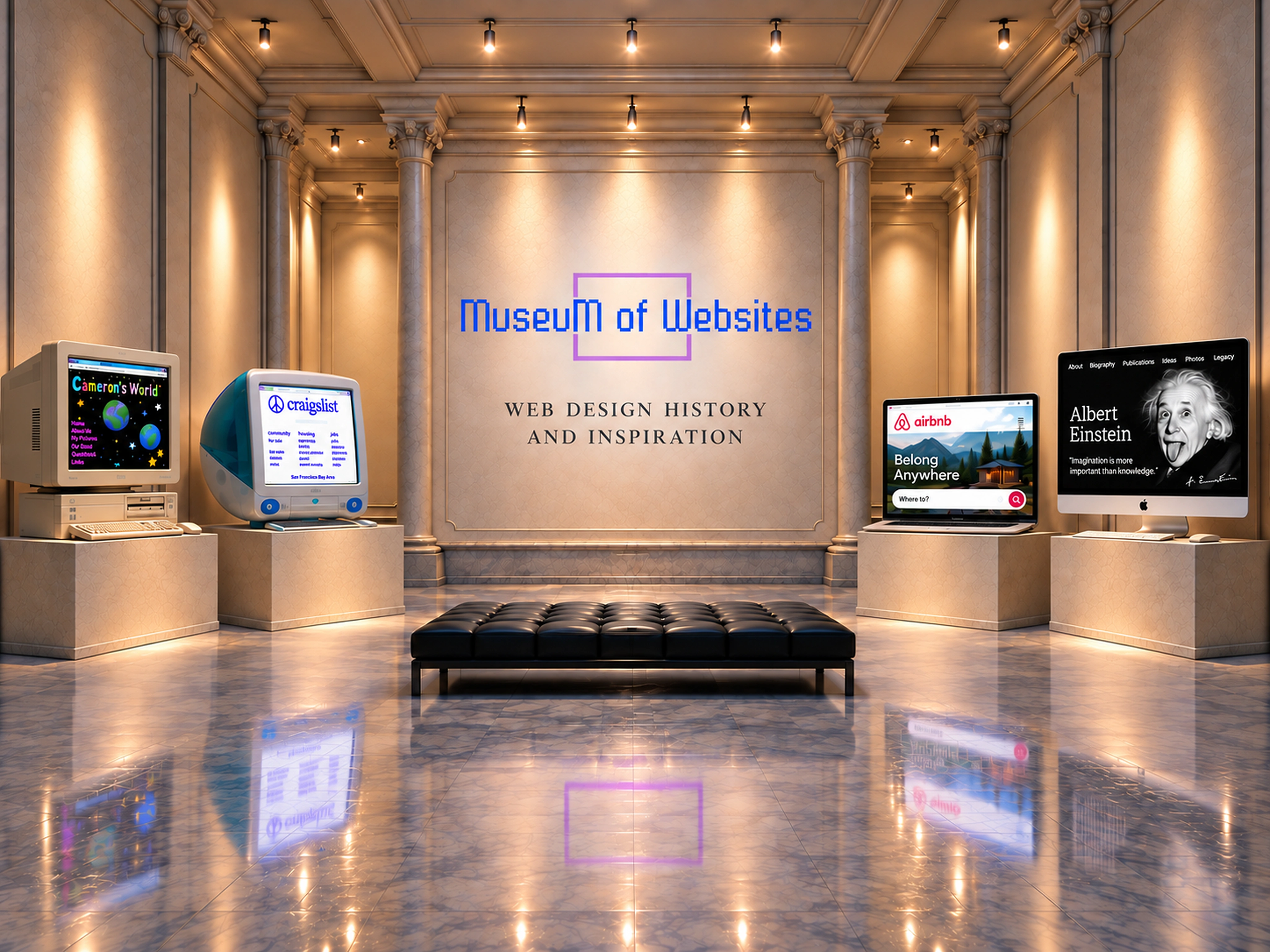 A museum gallery with vintage and modern computers displaying historic and modern website designs, with the Museum of Websites logo and the words “Web design history and inspiration” on the central wall.