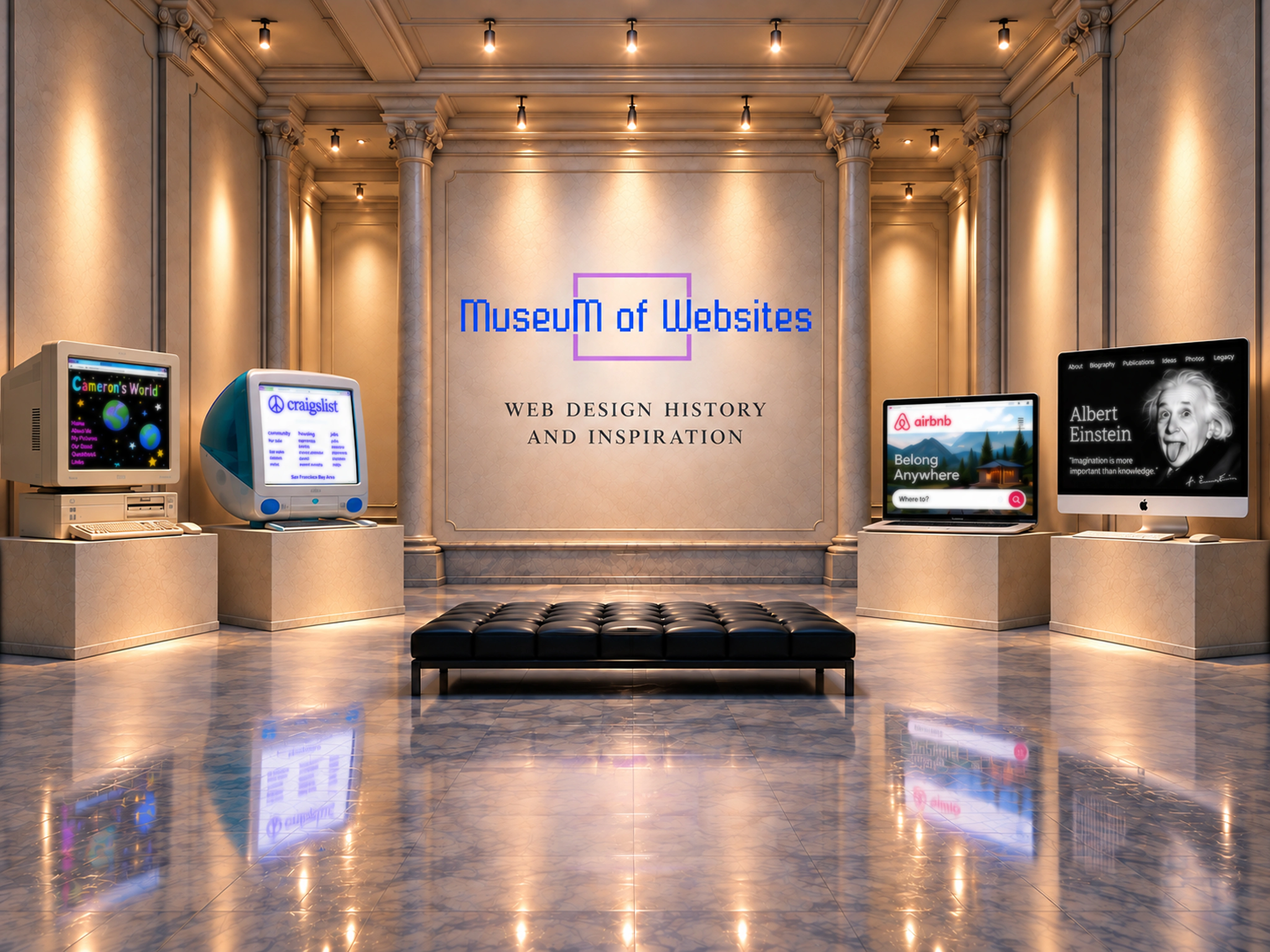 A museum gallery with vintage and modern computers displaying historic and modern website designs, with the Museum of Websites logo and the words “Web design history and inspiration” on the central wall.