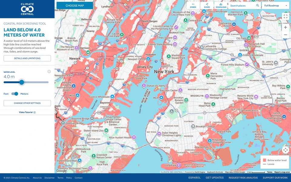 Screenshot of ClimateCentral.org Coastal Map