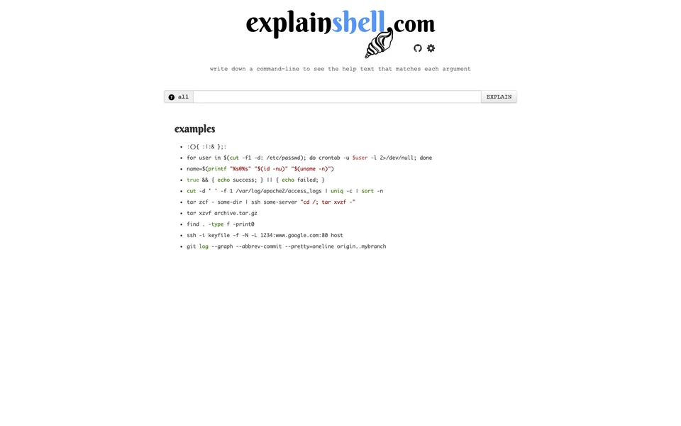 Screenshot of ExplainShell.com
