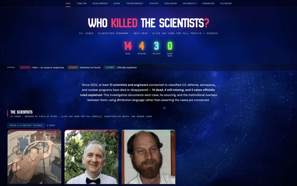 Screenshot of WhoKilledTheScientists.com