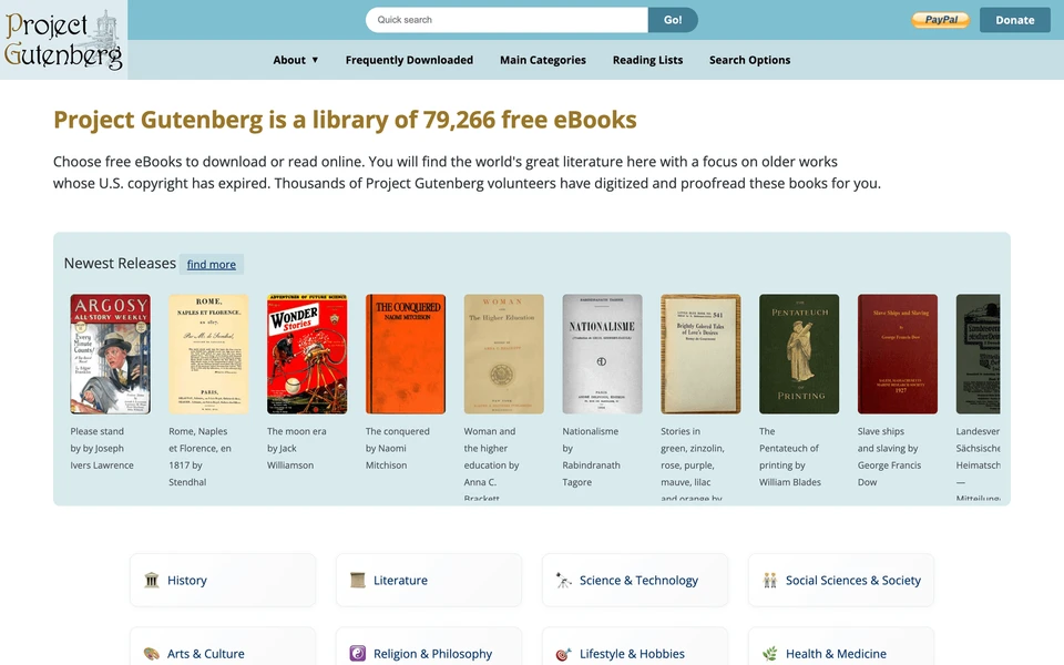 Screenshot of Gutenberg.org